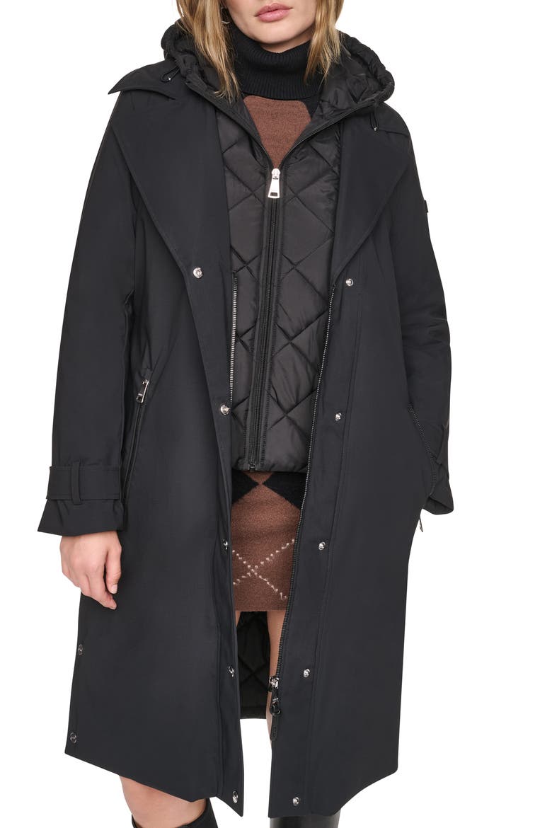 Mixed Media Trench Coat, Main, color, BLACK