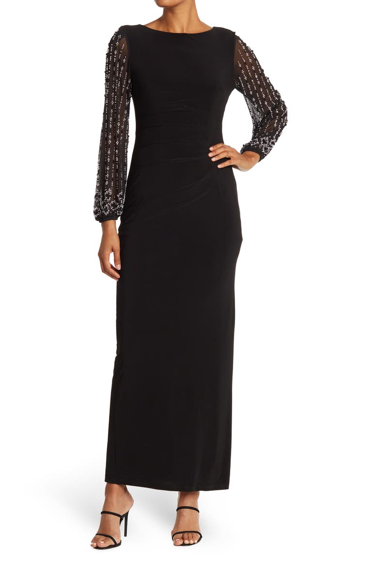 Beaded Long Sleeve Maxi Gown, Alternate, color, BLK