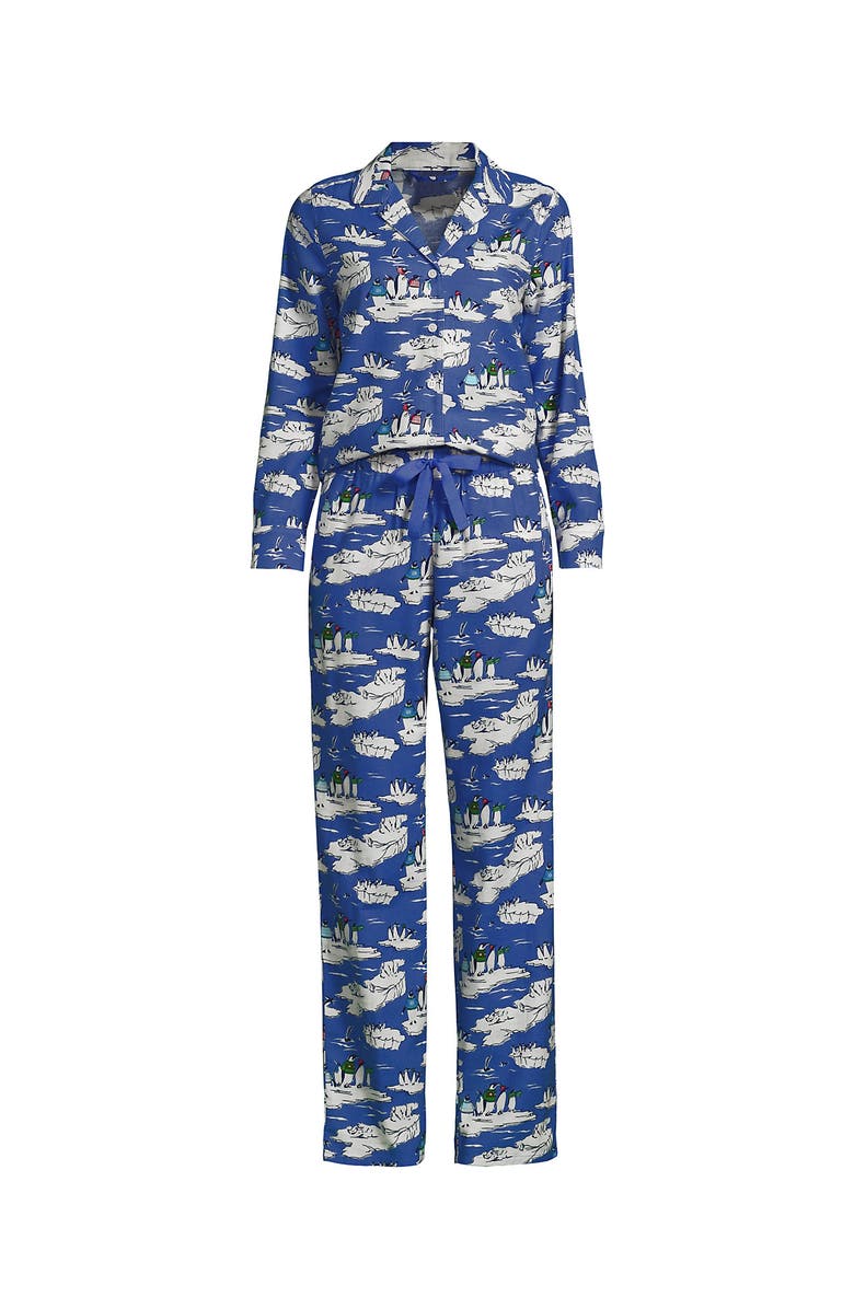 Lands' End Flannel 2 Piece Pajama Set - Long Sleeve Shirt and Pants, Alternate, color, Cobalt Blue Holiday Penguins