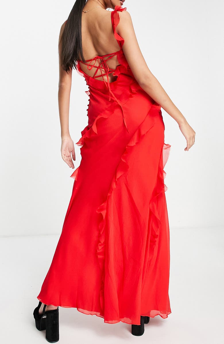 ASOS DESIGN Ruffle Plissé Chiffon Lace-Up Back Maxi Dress, Alternate, color,