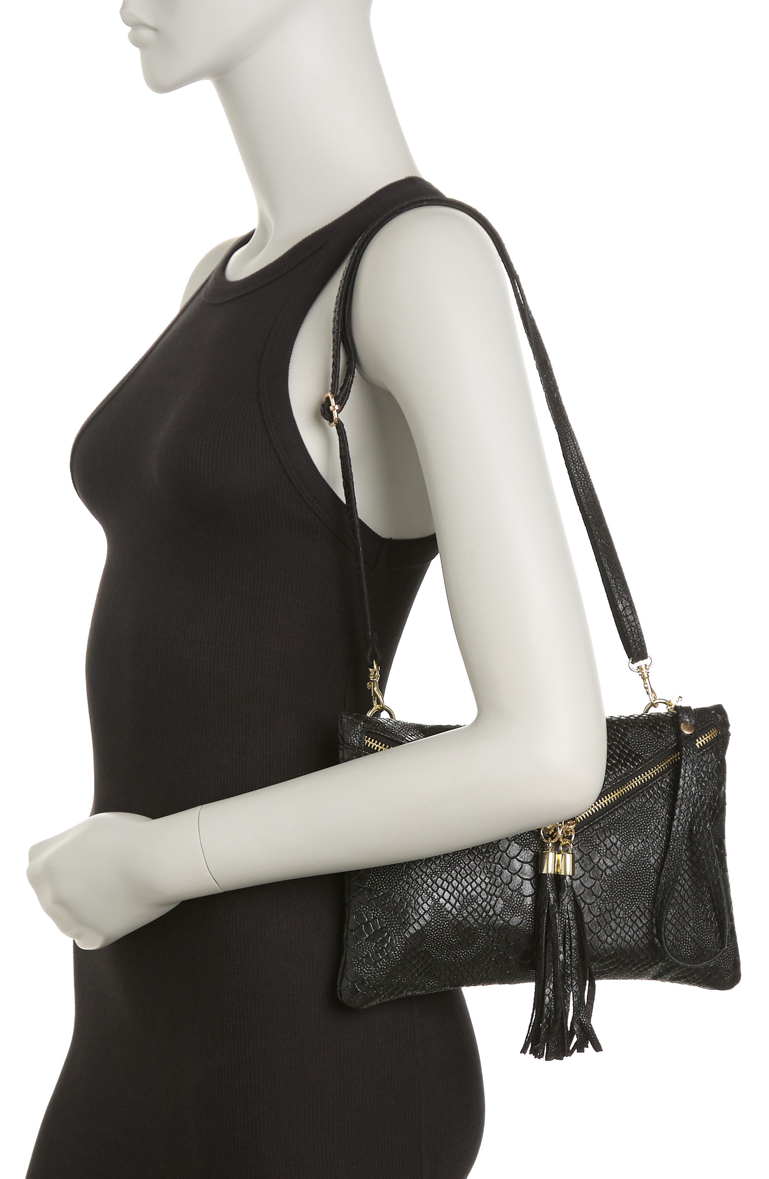 Snake Embossed Leather Clutch, Alternate, color, NERO