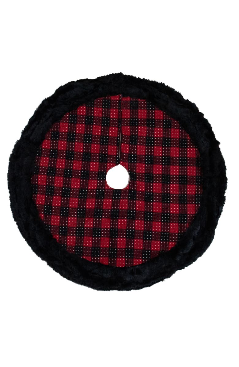 Northlight Buffalo Plaid with Polka Dots and Faux Fur Border Christmas Tree Skirt - Black and Red - 48", Main, color, Black