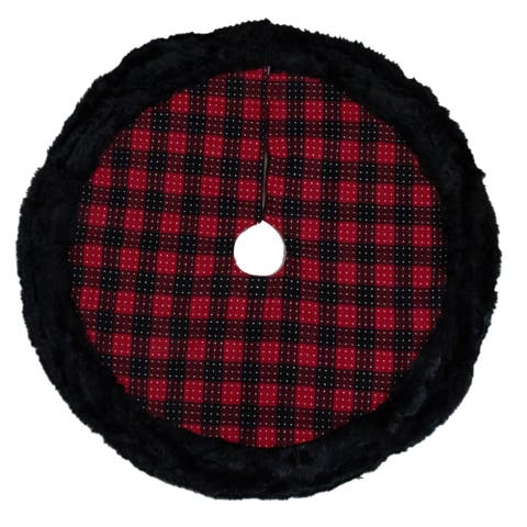 Buffalo Plaid with Polka Dots and Faux Fur Border Christmas Tree Skirt - Black and Red - 48"