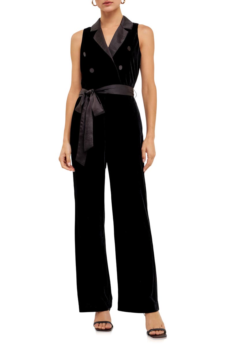Endless Rose Satin Trim Velvet Jumpsuit, Main, color, Black