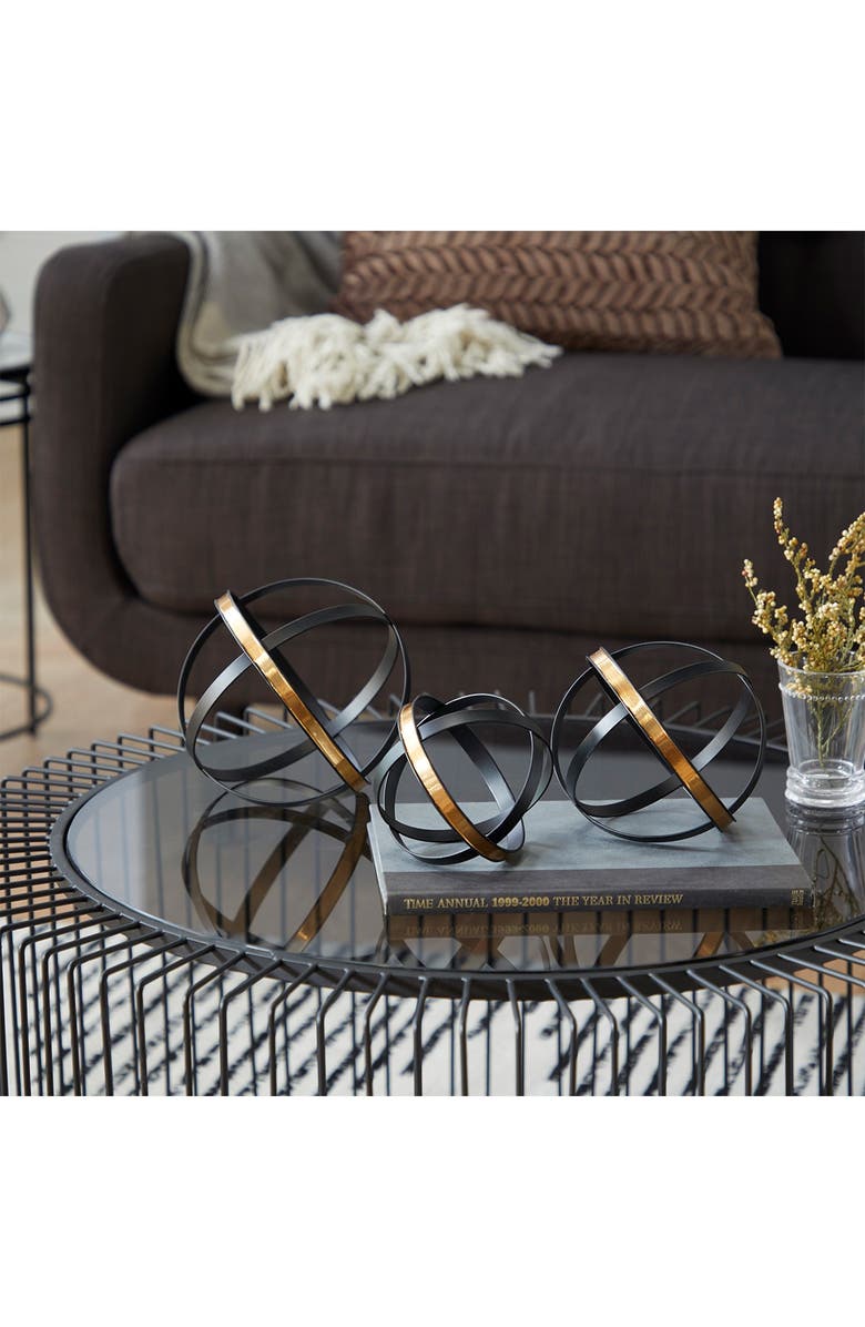WILLOW ROW Black Metal Geometric Sculpture with Goldtone Accents - Set of 3, Alternate, color, 