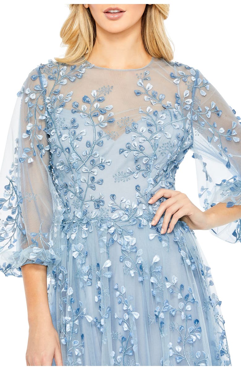 Mac Duggal Embroidered Mesh High-Neck Dress with Puff Sleeves, Alternate, color, Blue