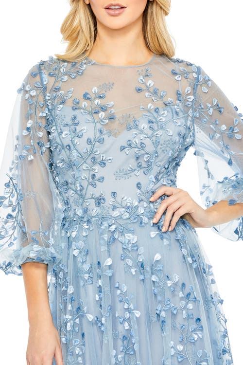 Mac Duggal Embroidered Puff Sleeve A-line Gown In Blue