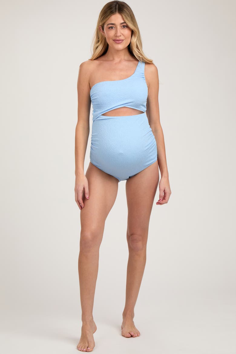 Asymmetrical One Shoulder Side Cutout One-Piece Maternity Swimsuit, Alternate, color, Light Blue