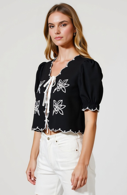 Modenaire Puff Sleeve Tie-front Blouse With Floral Embroidery And Eyelet Trim