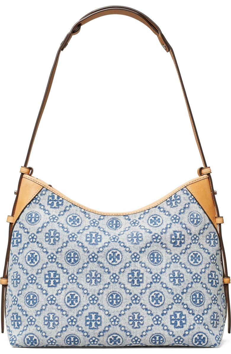 Tory Burch T Monogram Denim Messenger Bag, Main, color, Powder Blue