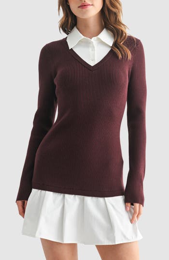 Lush Long Sleeve Twofer Polo Sweater Dress In Multi
