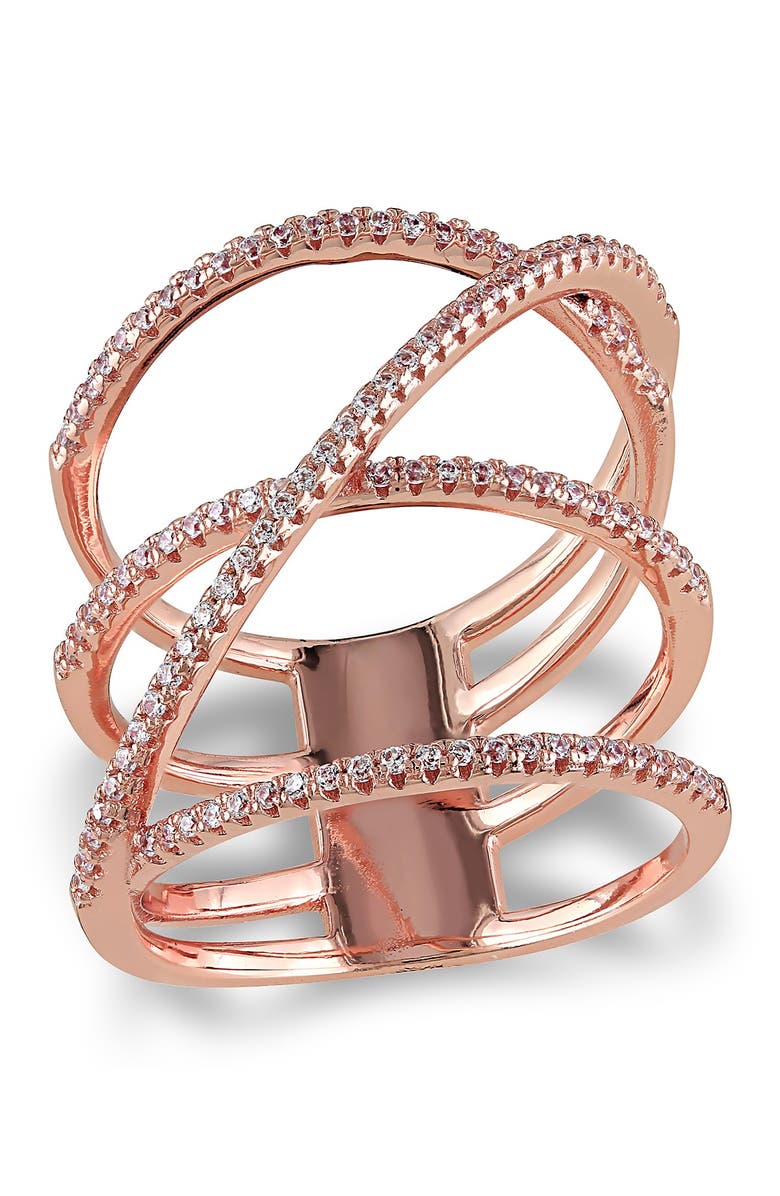 DELMAR Pink Plated Sterling Silver CZ Crisscross Ring, Main, color, Rose