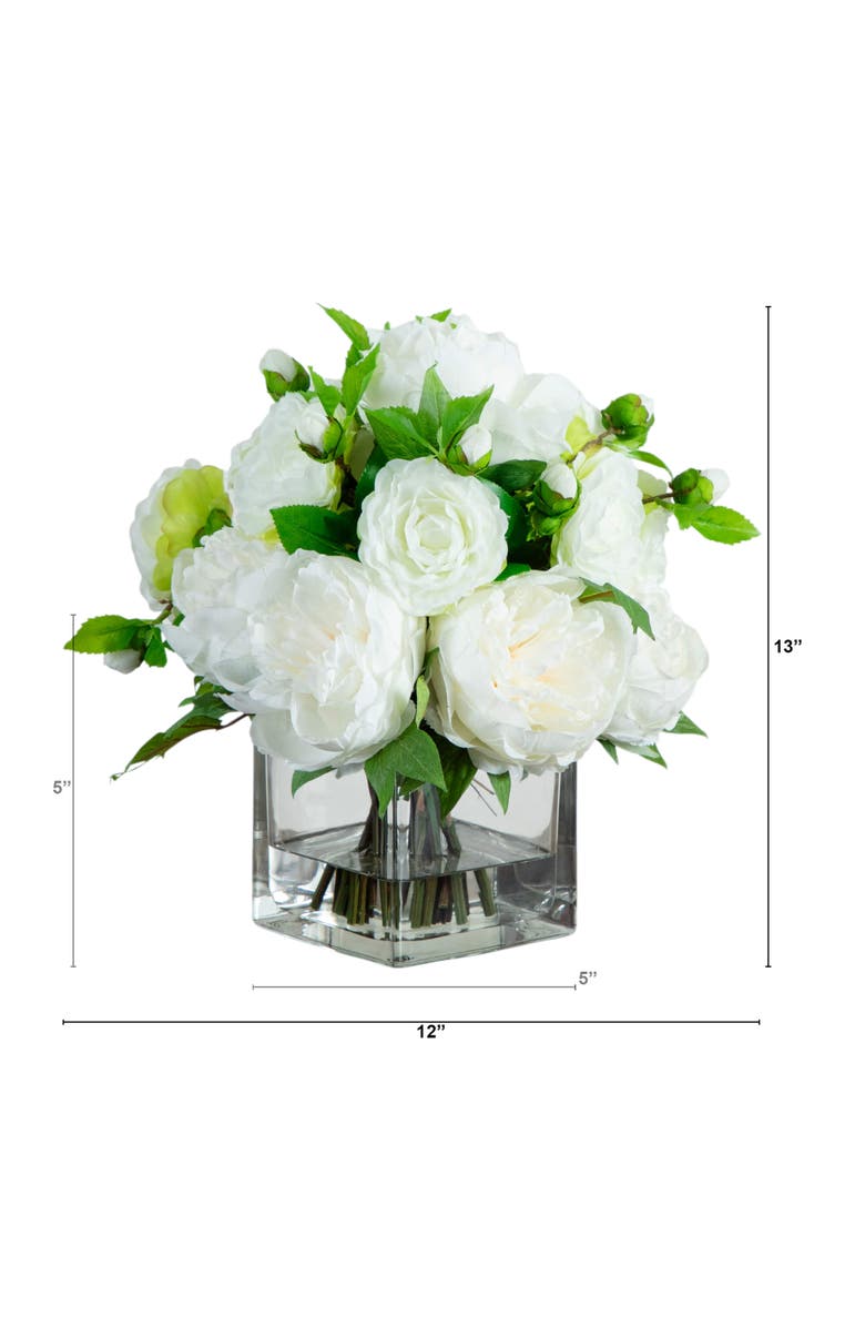 NEARLY NATURAL Wedding Collection 13-in Peony and Camellia Artificial Arrangement in Glass Vase, Alternate, color, Green/White