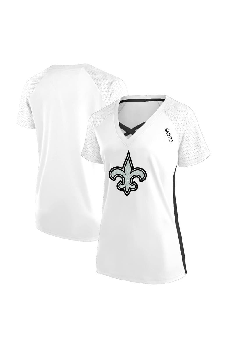 FANATICS Women's Fanatics White New Orleans Saints Plus Size Glitter Lace-Up V- Neck T-Shirt, Main, color, White