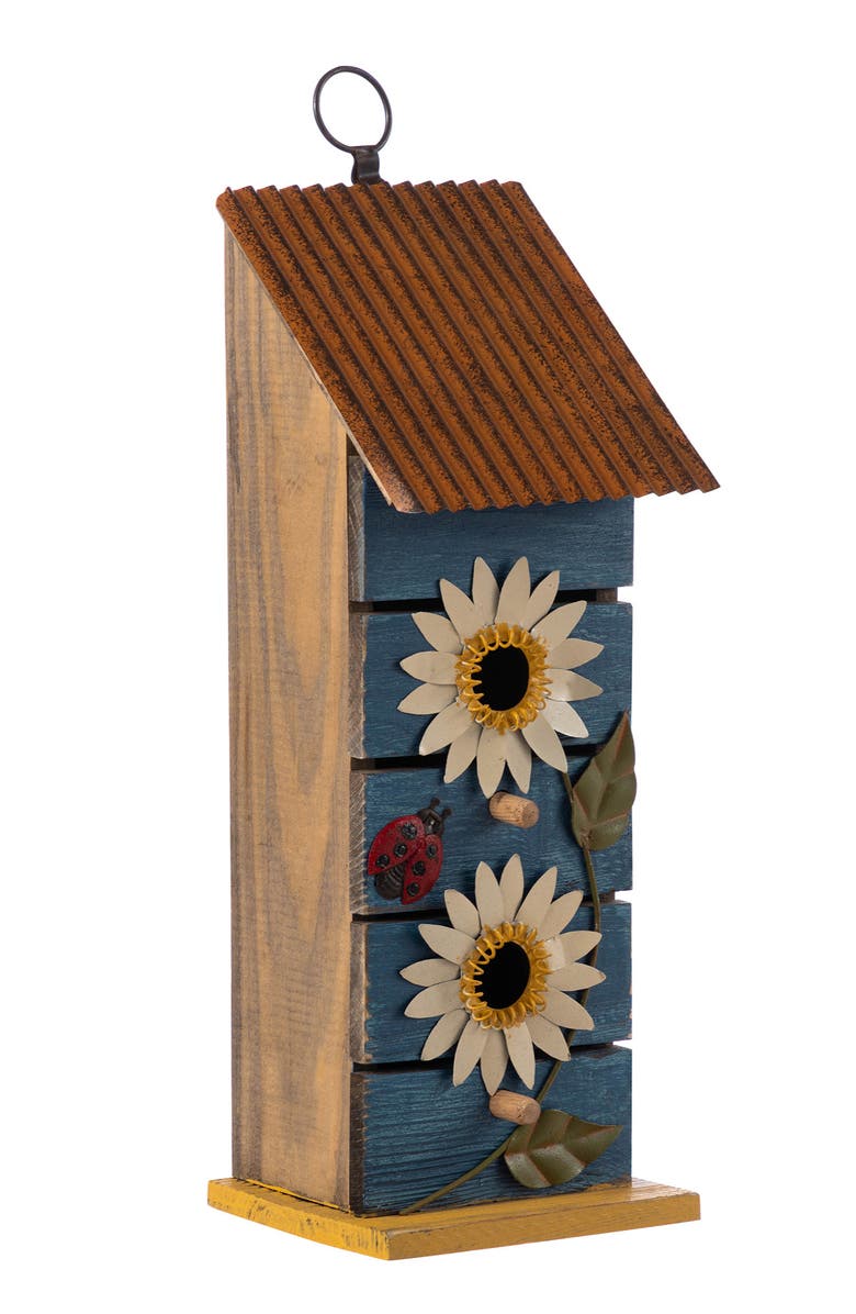Glitzhome 15"H Solid Wood and Metal Daisy Decorative Outdoor Garden Birdhouse, Alternate, color, Blue