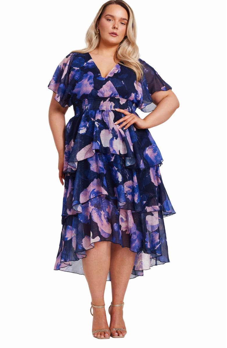 QUIZ Plus Size Front Wrap Midi Dip Hem Dress, Main, color,