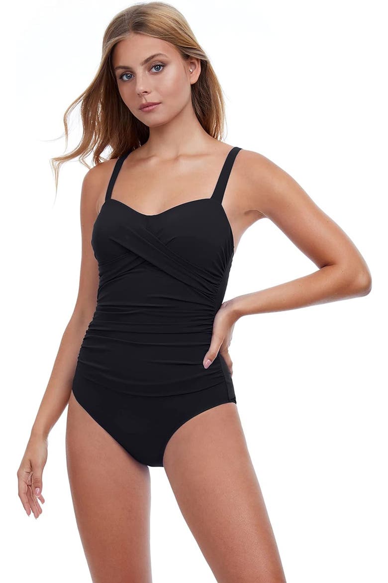 Tutti Frutti Underwire D-Cup Ruched One Piece, Main, color, Black