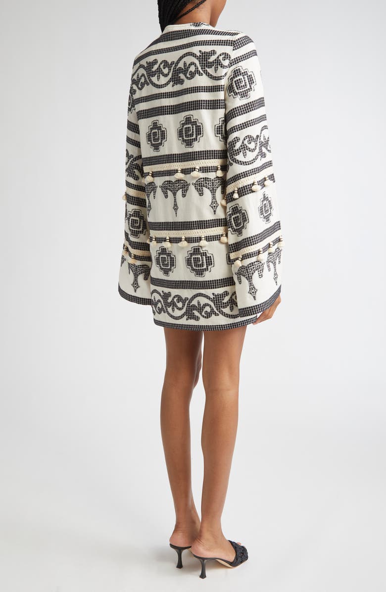Johanna Ortiz Quetzalcalt Temple Long Sleeve Cotton Minidress, Alternate, color, Ecru / Black