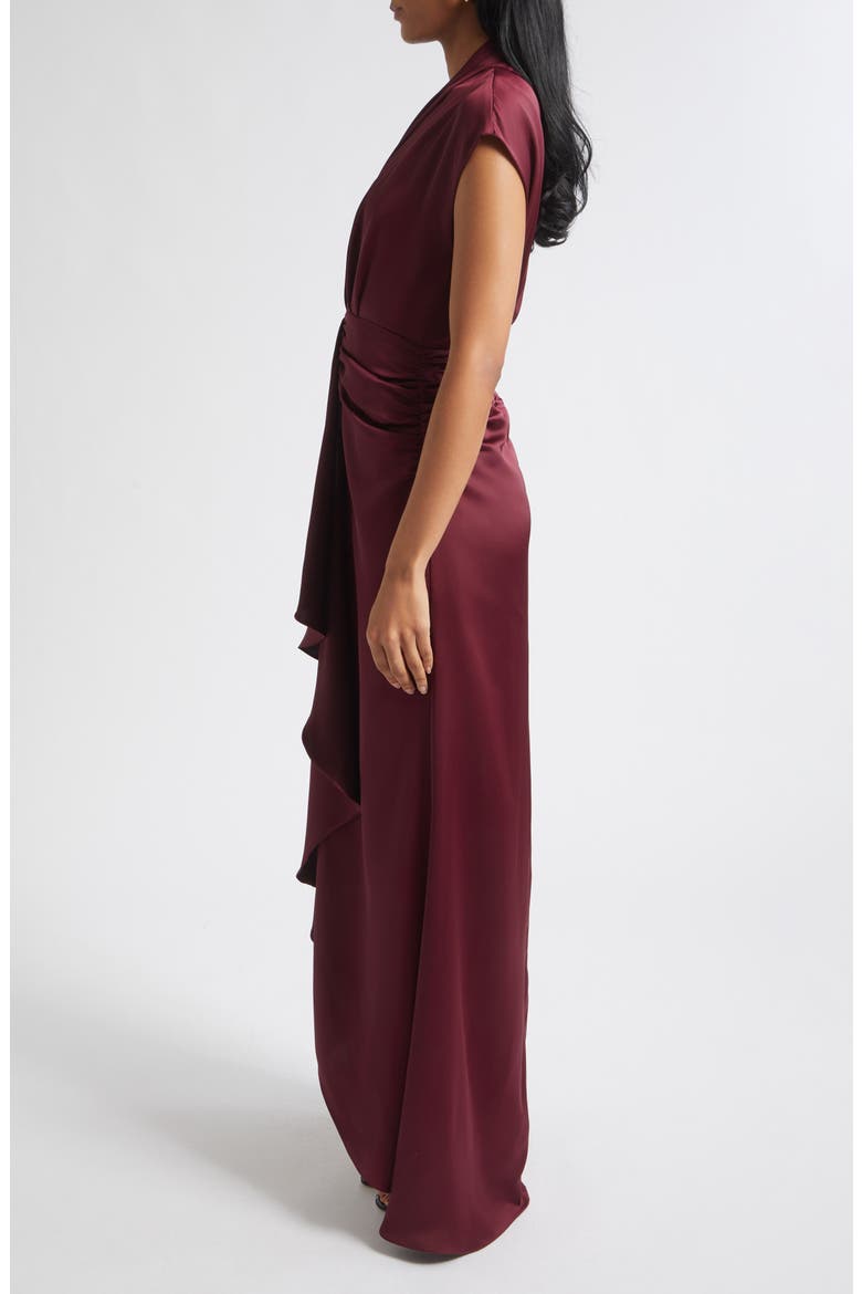 Catrin Plunge Neck Center Ruched Satin Gown, Alternate, color, CRANBERRY