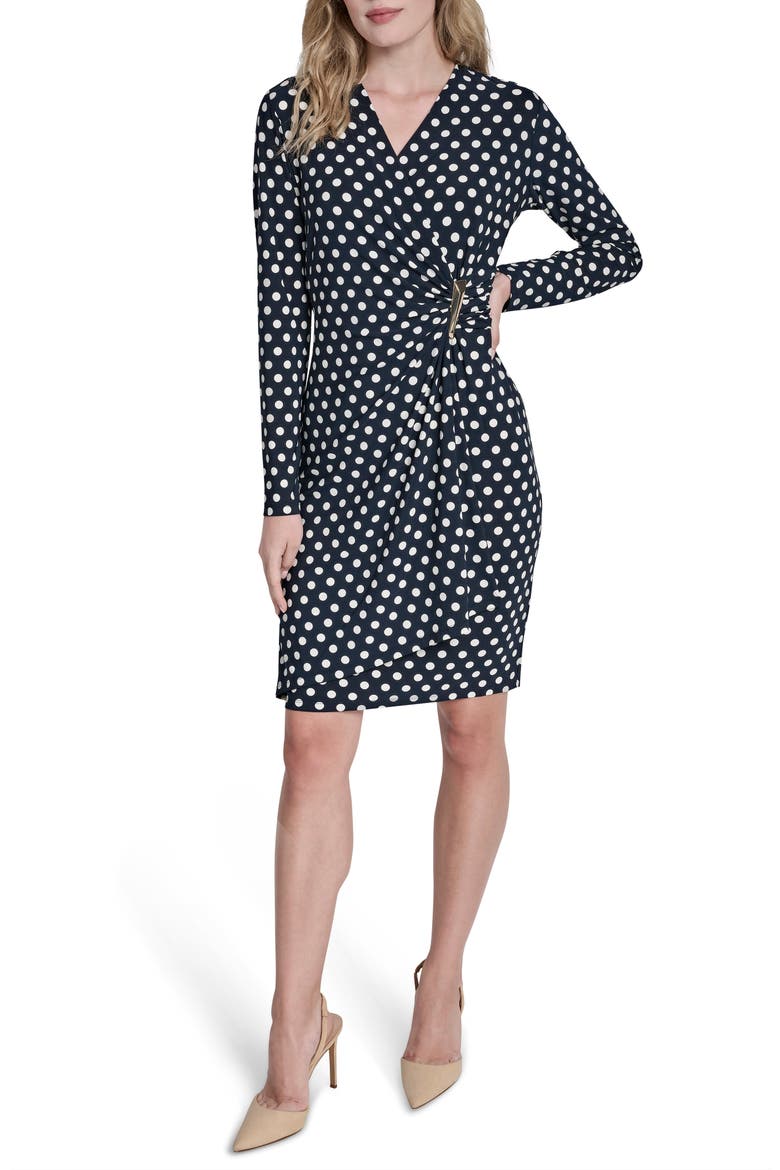 Faux Wrap Drape Long Sleeve Sheath Dress, Main, color, SPRING NAVY