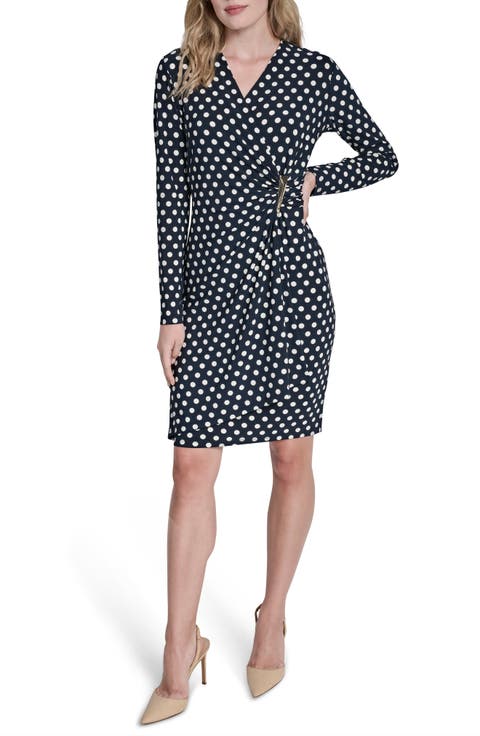 Faux Wrap Drape Long Sleeve Sheath Dress
