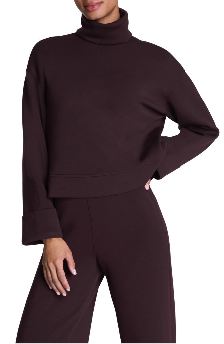 SPANX<sup>®</sup> Cuffed Sleeve Crop Turtleneck Sweatshirt, Main, color, Truffle Brown