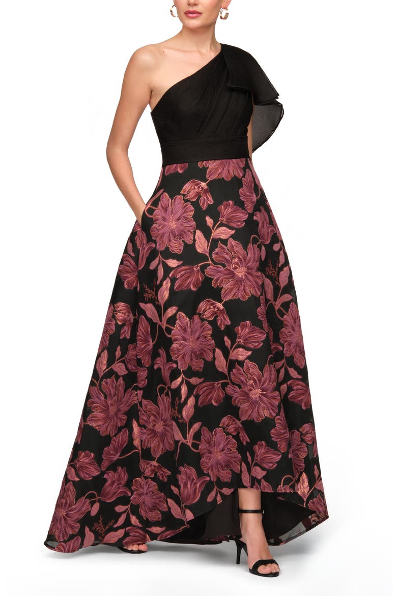 Winifred One-Shoulder Metallic Floral Jacquard Mixed Media Organza Gown, Alternate, color, BLACK MULTI