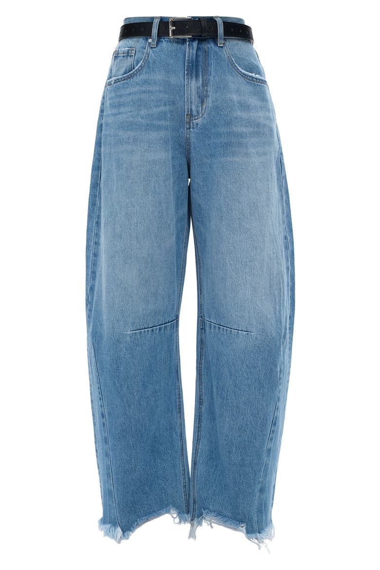 Frayed Super High Waist Barrel Jeans, Alternate, color, DARK BLUE