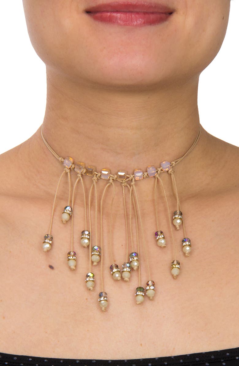 SAACHI Crystal Beaded Fringe Bib Necklace, Alternate, color, Taupe