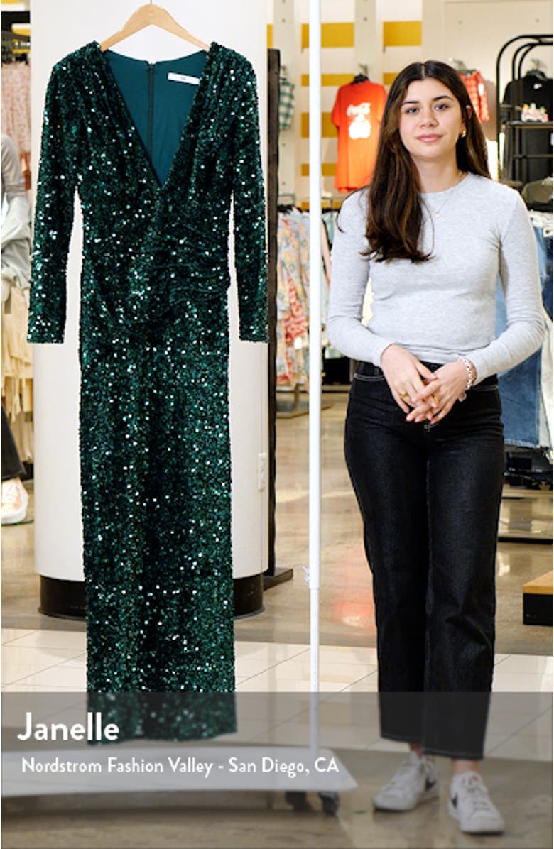 Sequin Wrap Front Long Sleeve Gown, sales video thumbnail