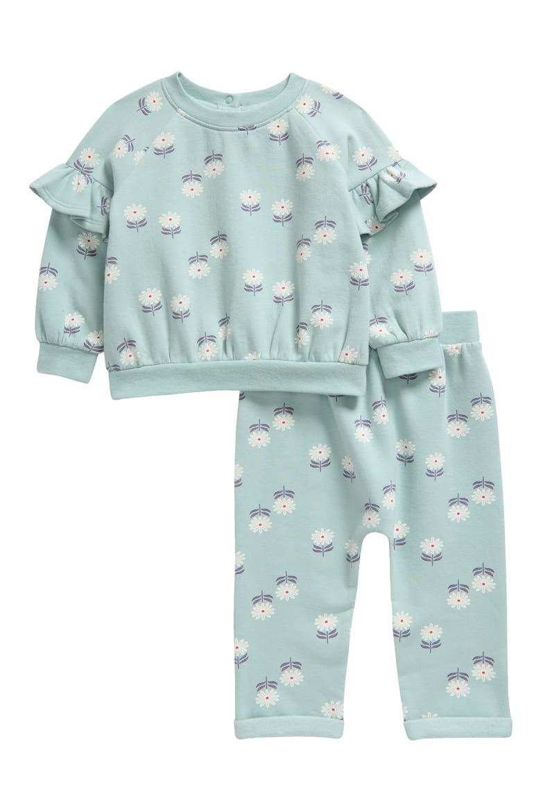 Ruffle Trim Sweatshirt & Sweatpants Set, Main, color, BLUE RAINDROP CHARLIE FLORAL