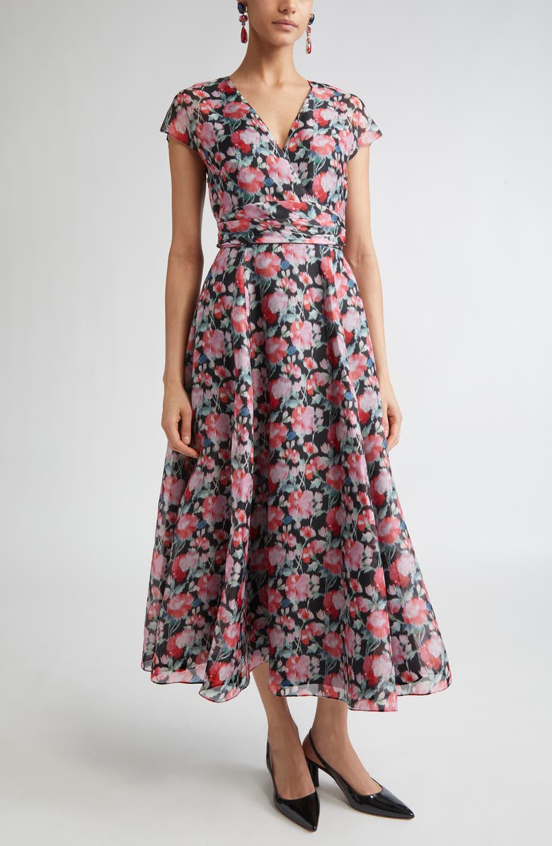Carolina Herrera Peony Print Cap Sleeve Silk Organza Midi Dress, Main, color, Pink Multi