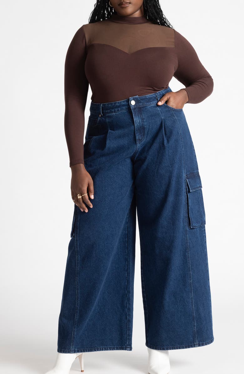 ELOQUII High Waist Wide Leg Cargo Jeans, Alternate, color, 