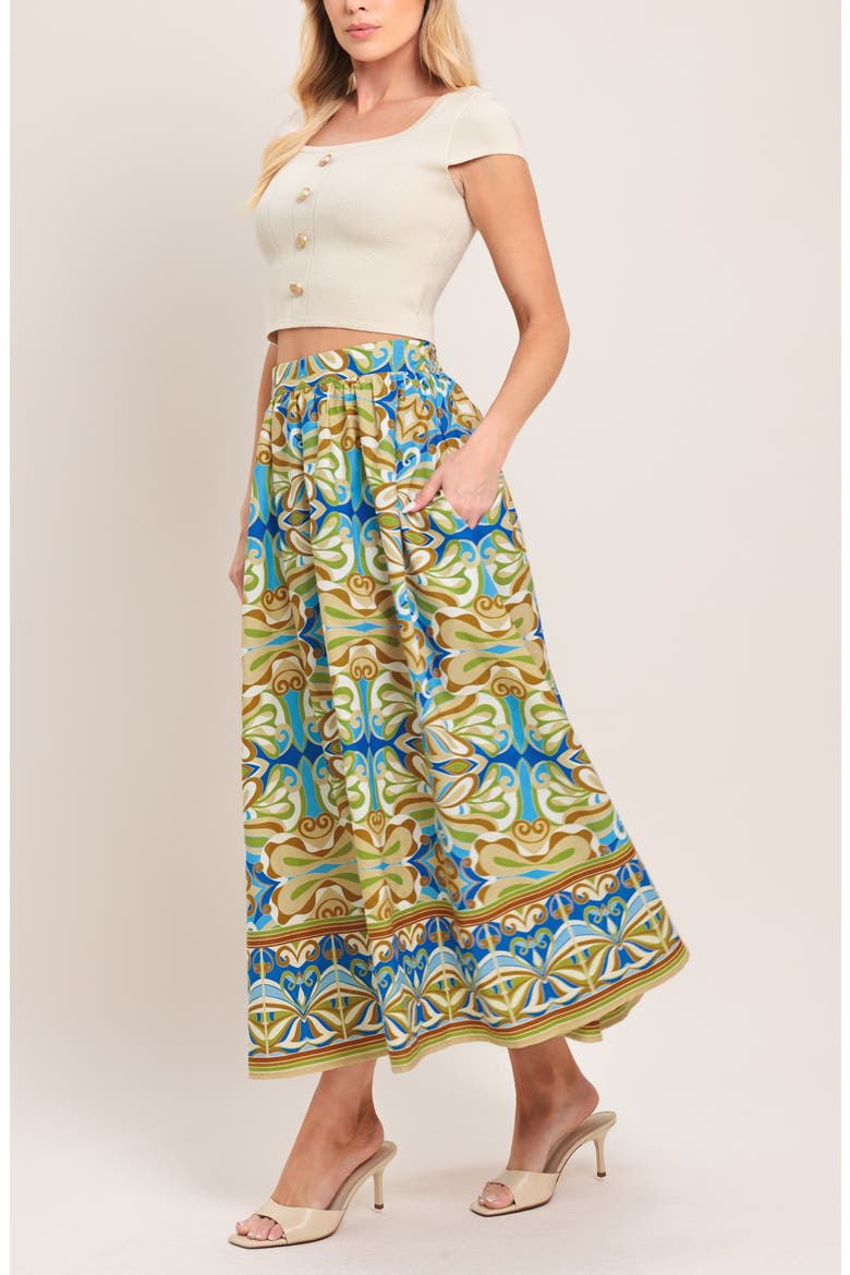 Printed Cotton Midi Skirt, Alternate, color, BLUE MULTI