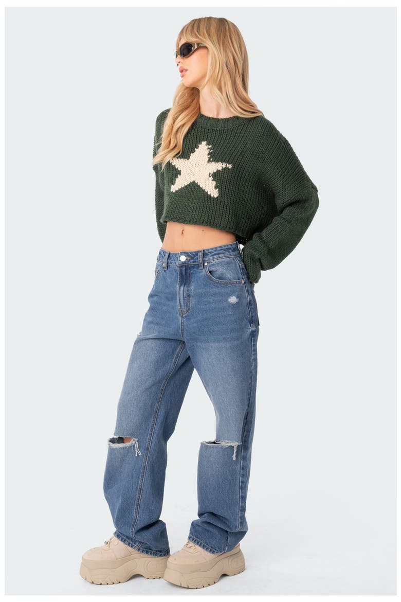 Mega Star Intarsia Crop Sweater, Alternate, color, GREEN