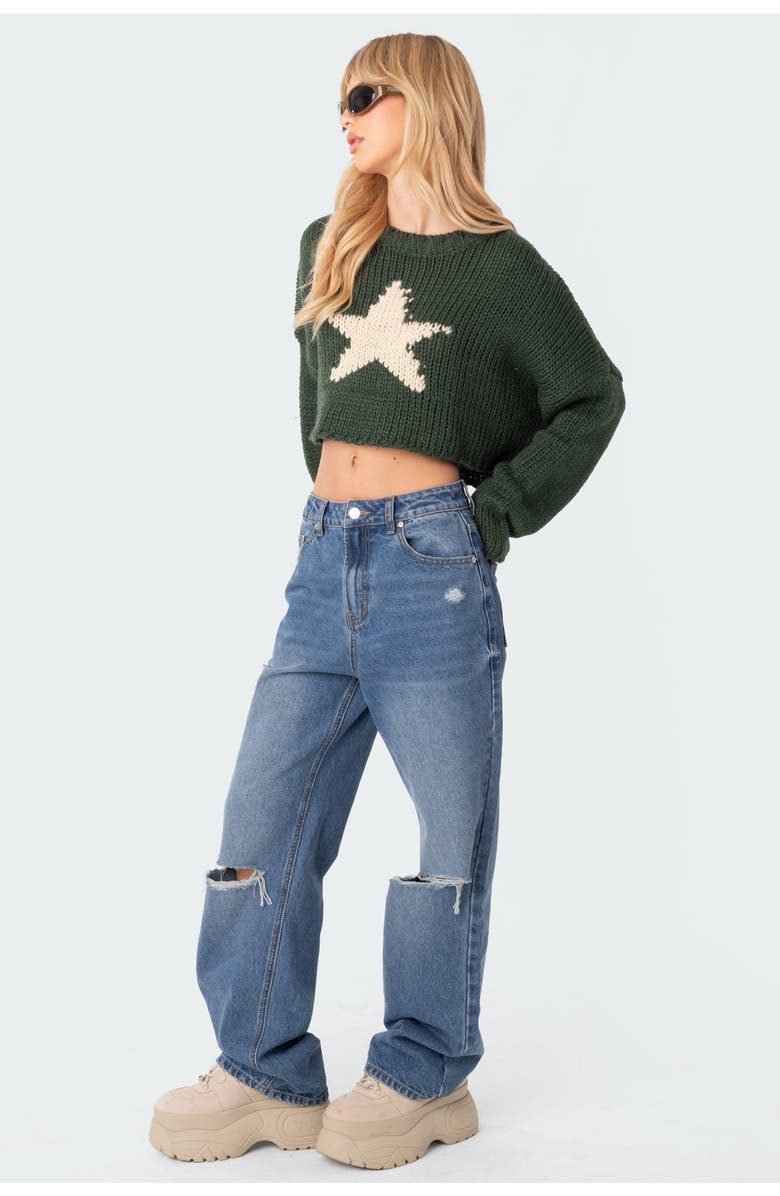 EDIKTED Mega Star Intarsia Crop Sweater, Alternate, color, Green