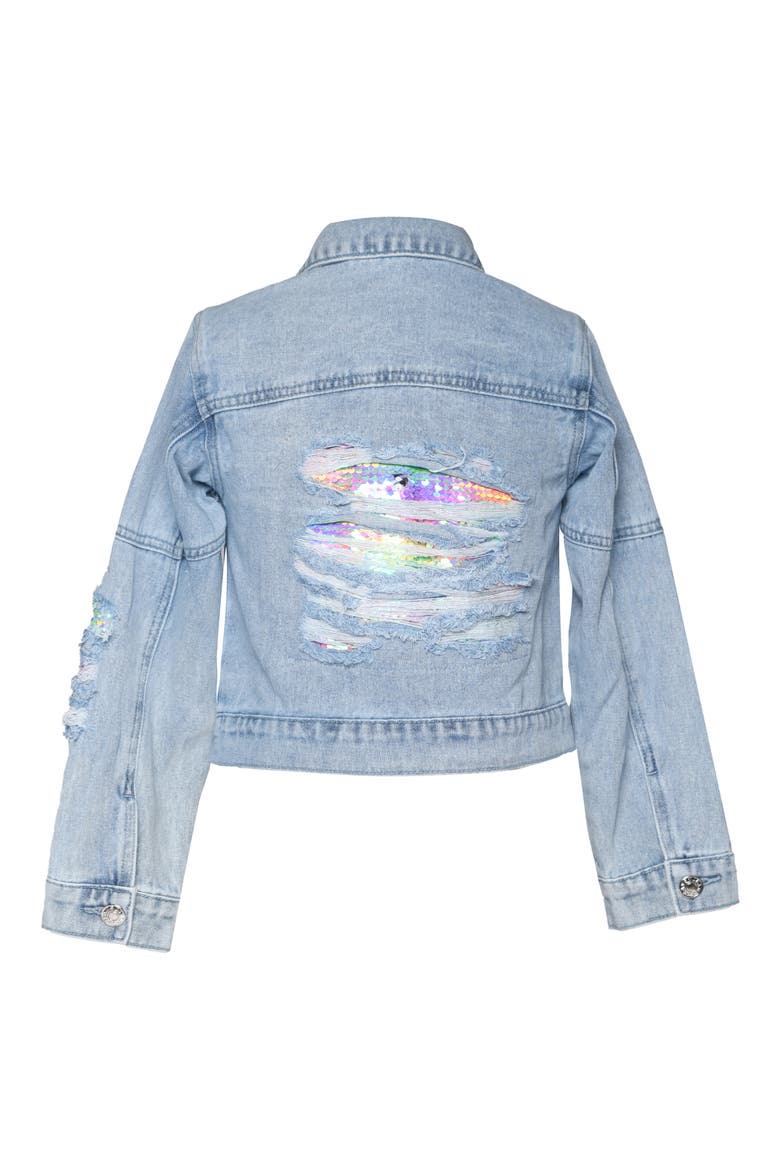 Kids' Sequin Distressed Denim Jacket, Alternate, color, DENIM BLUE