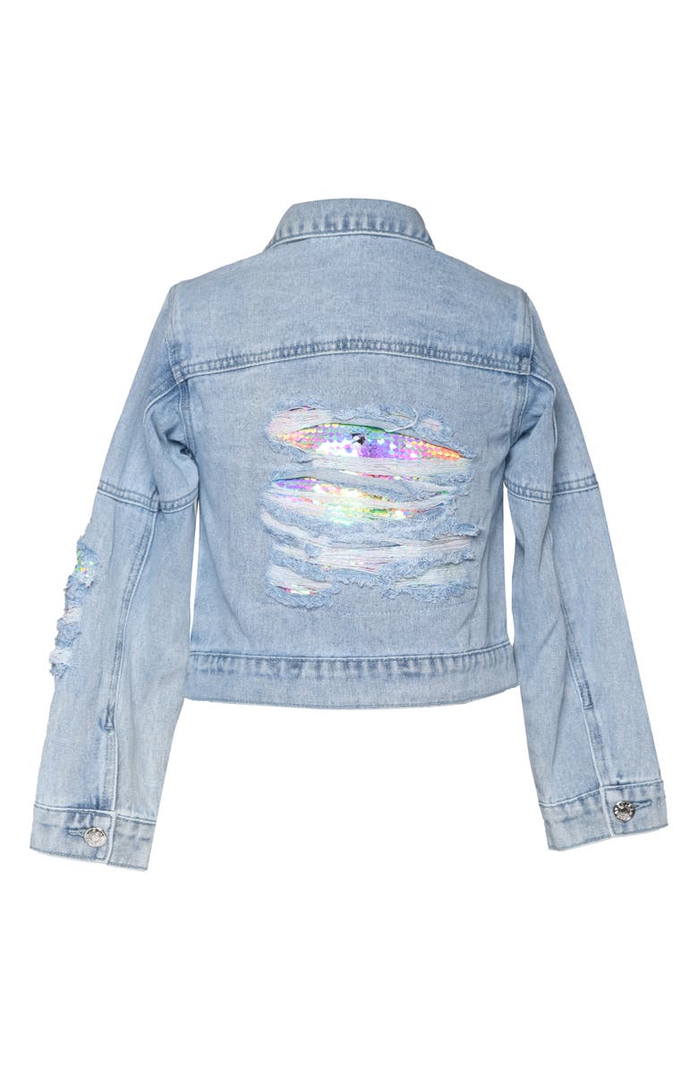 Hannah Banana Kids' Sequin Distressed Denim Jacket, Alternate, color, Denim Blue
