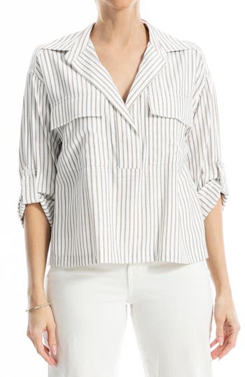 MAX STUDIO MAX STUDIO GRID PRINT ROLL SLEEVE POPOVER SHIRT