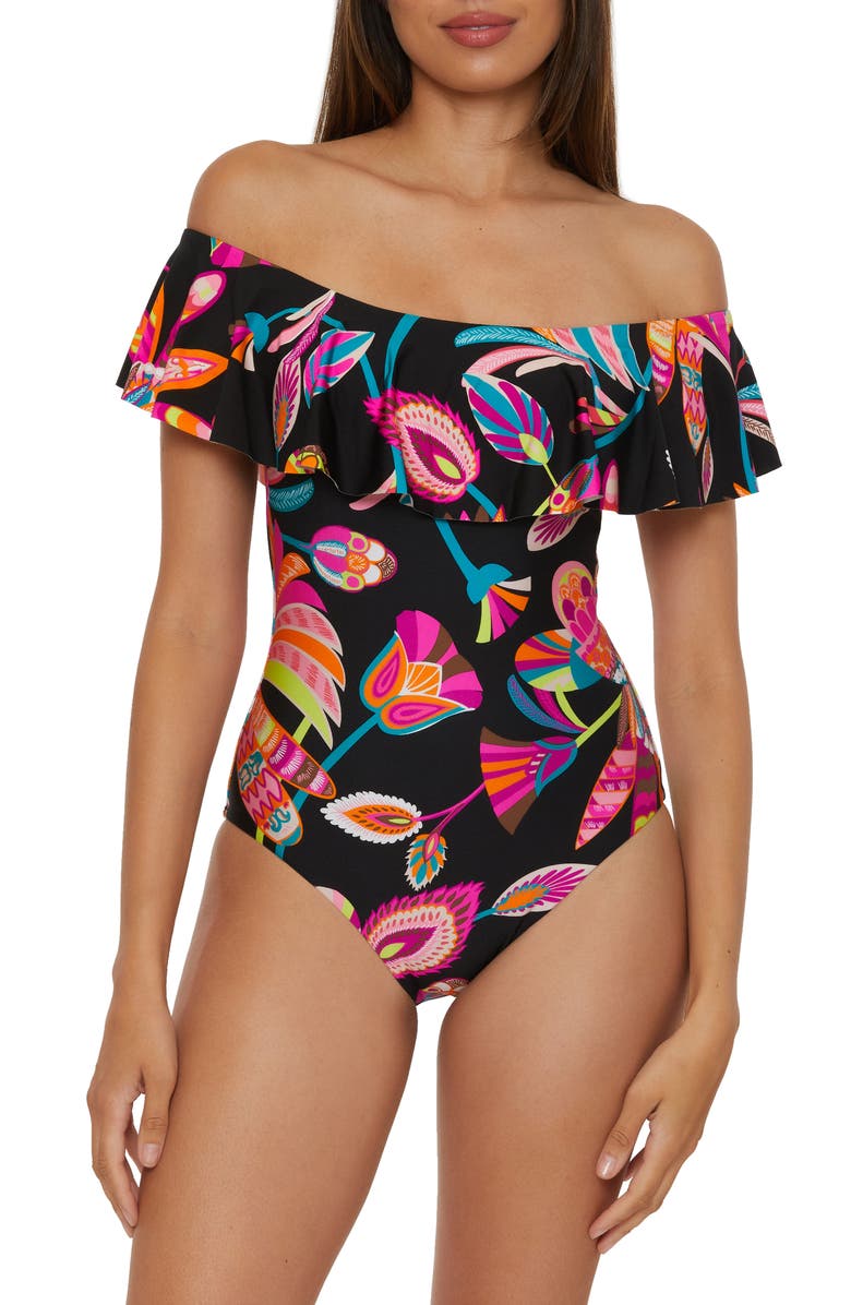 Trina Turk Luminary Ruffle Off the Shoulder One-Piece Swimsuit, Main, color, Black Multi
