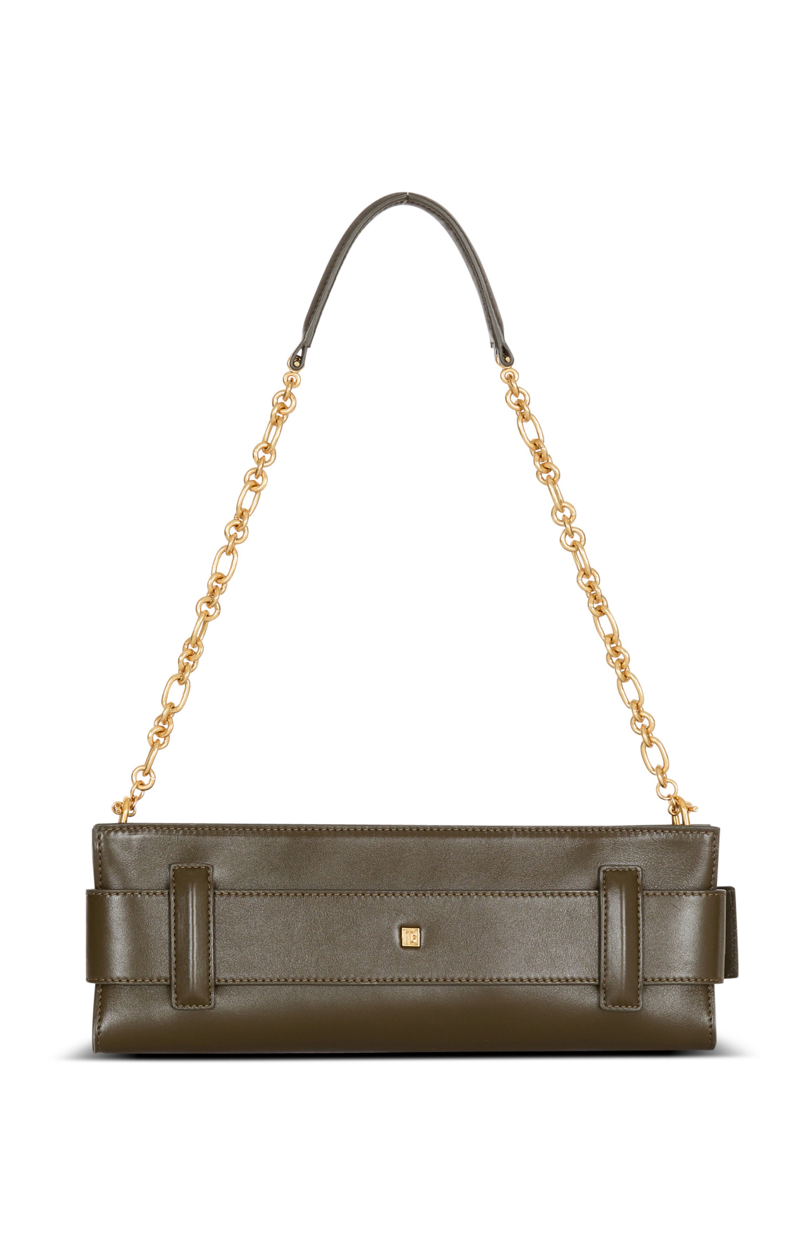 Balmain Anthem calfskin leather clutch, Alternate, color, Khaki
