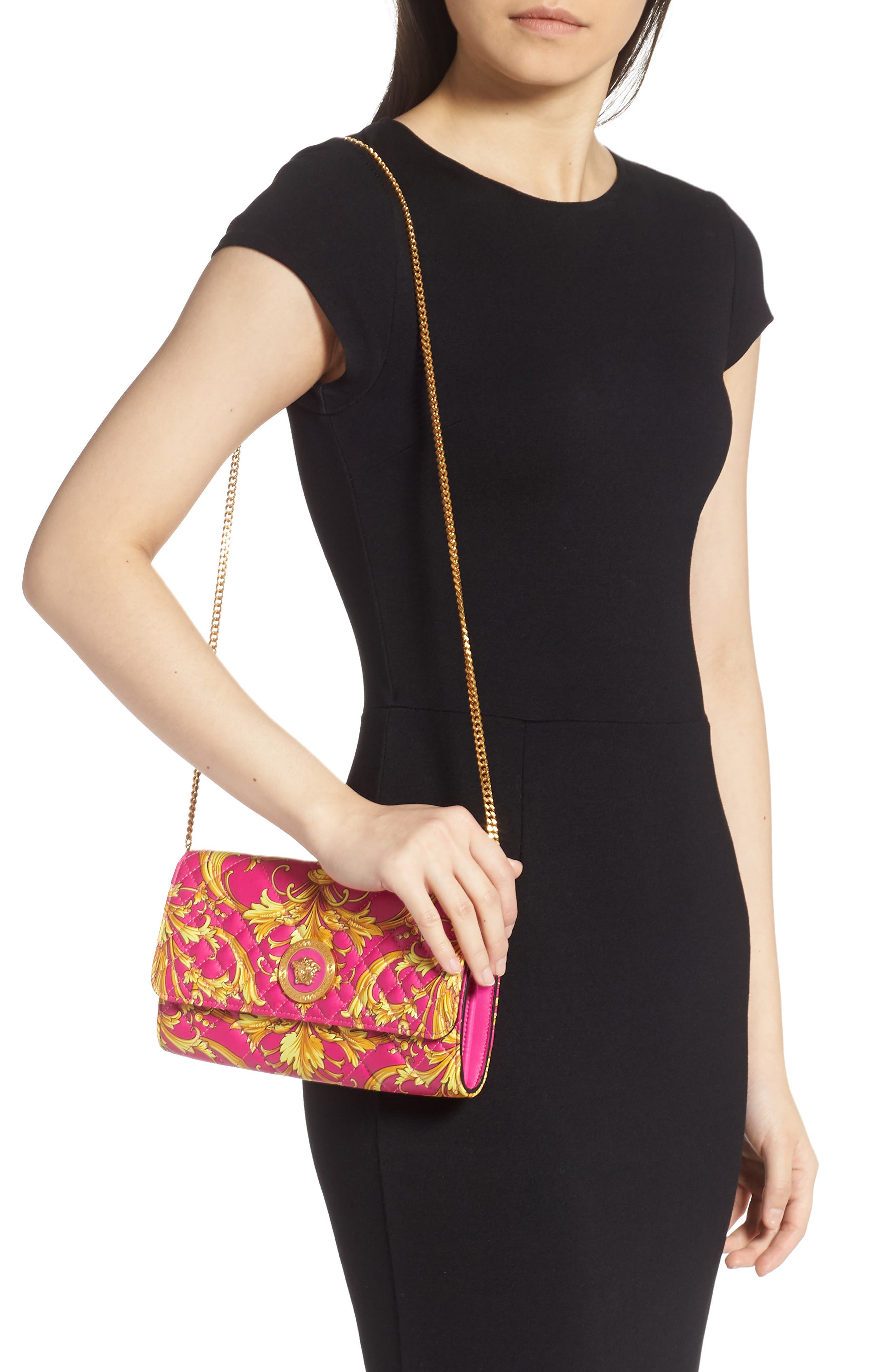 Versace Icon Quilted Leather Wallet on a Chain, Alternate, color, 