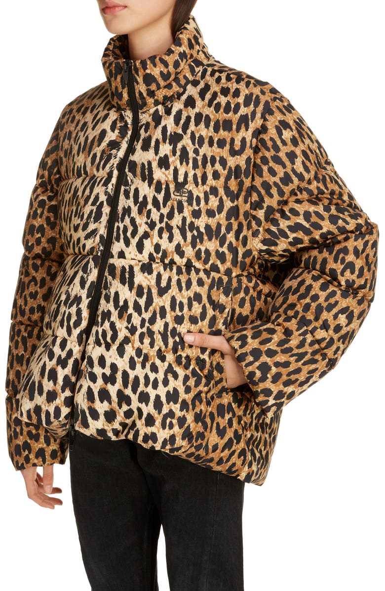 Balenciaga Leopard Print Nylon Cocoon Puffer Coat, Alternate, color,