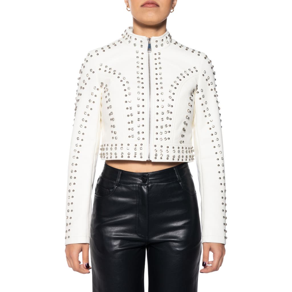Azalea Wang Studded Faux Leather Crop Moto Jacket In White