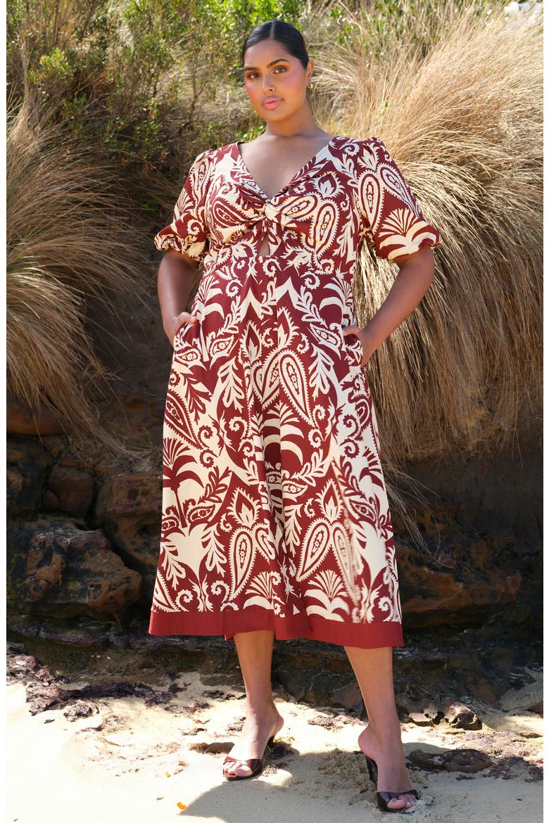 Aurela Paisley Keyhole Fit & Flare Cotton Midi Dress, Alternate, color, TERRACOTTA