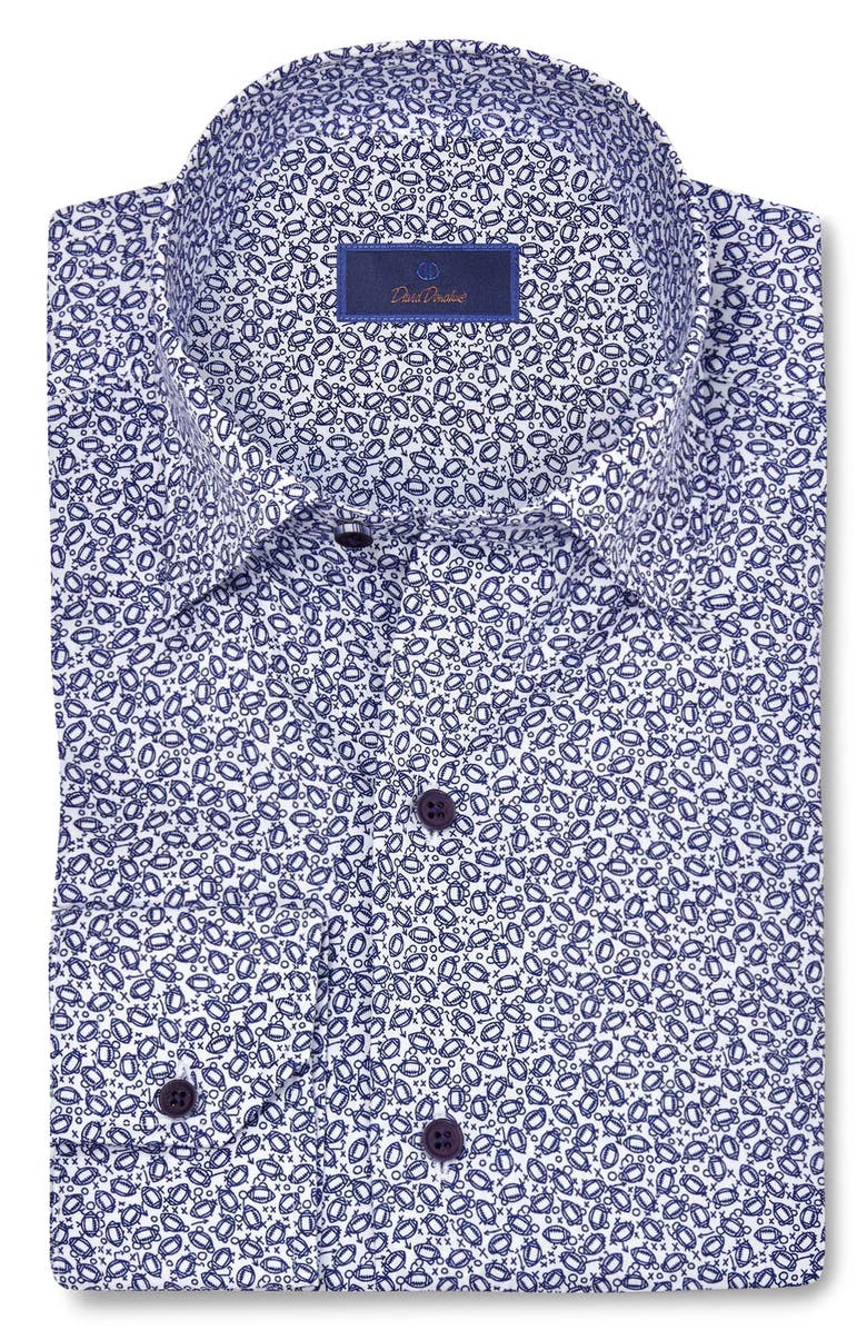 David Donahue Football Print Cotton Twill Hidden Button-Down Shirt, Main, color, Blue/ White