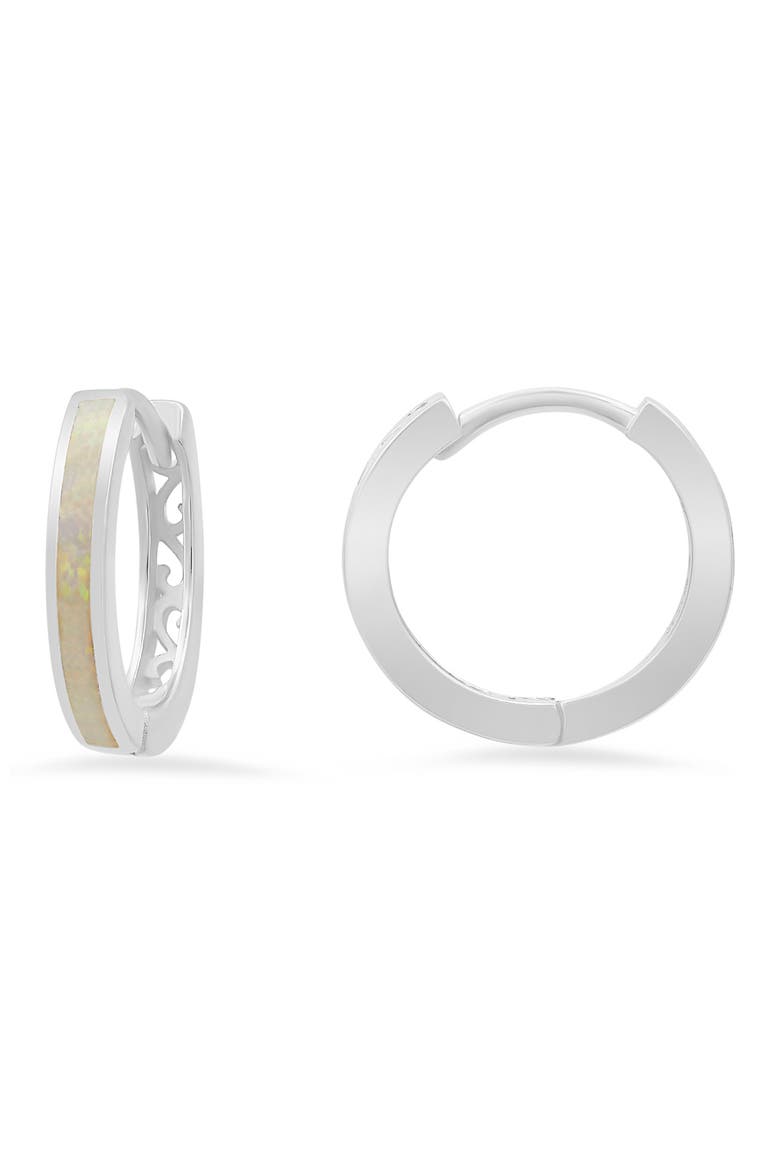 Sterling Silver Lab Created Opal Filigree Hoop Earrings, Main, color, SILVER