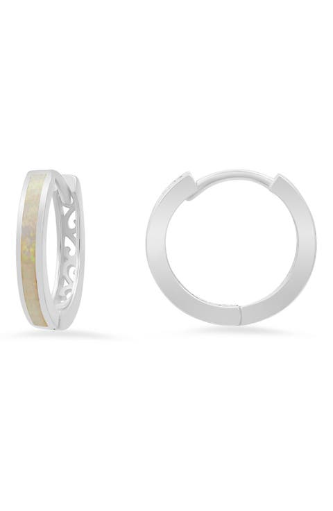 Sterling Silver Lab Created Opal Filigree Hoop Earrings
