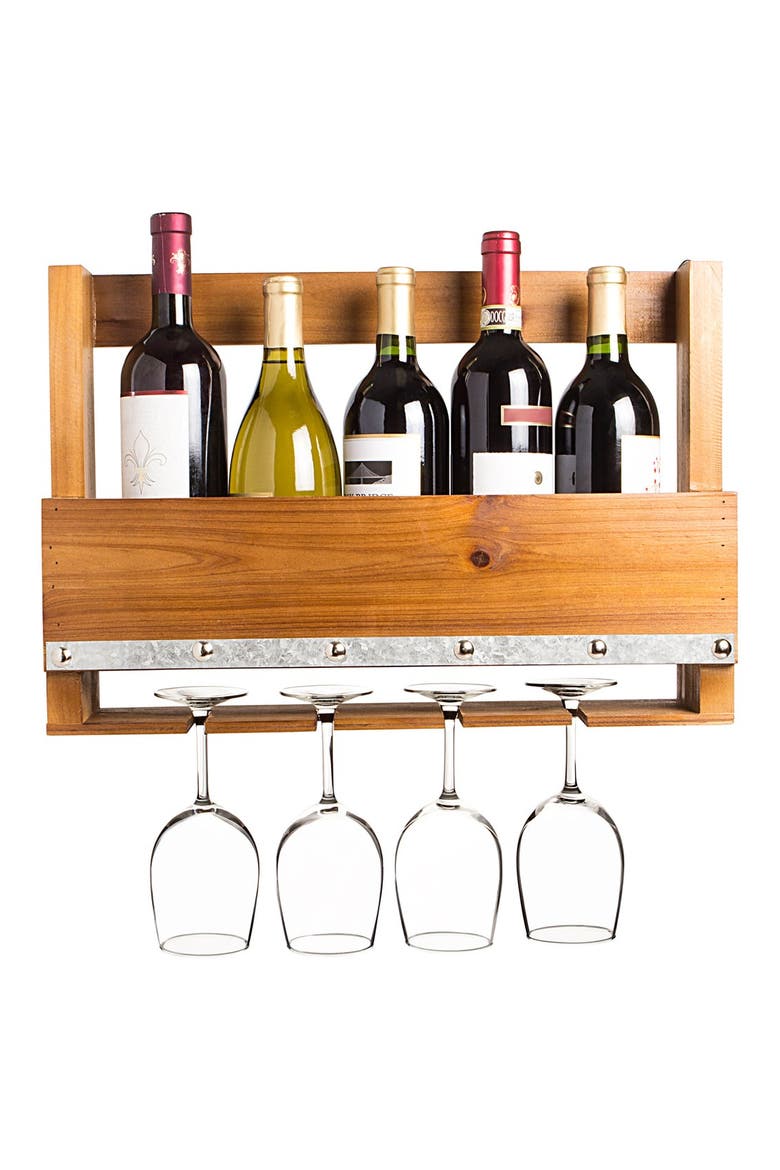 Personalized Rustic Wall Wine Rack & Glass Holder, Main, color, BROWN
