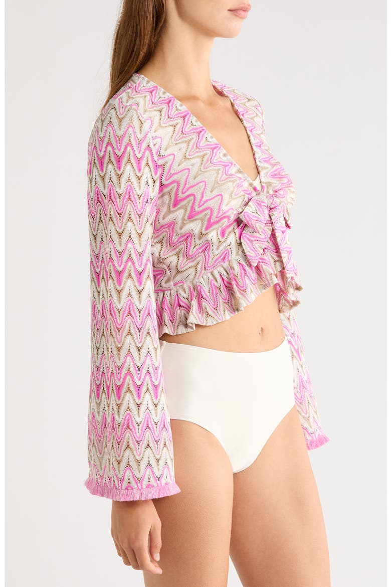 Kai Tie Metallic Front Long Sleeve Crop Cover-Up Top, Alternate, color, RADIANT PINK ZIGZAG